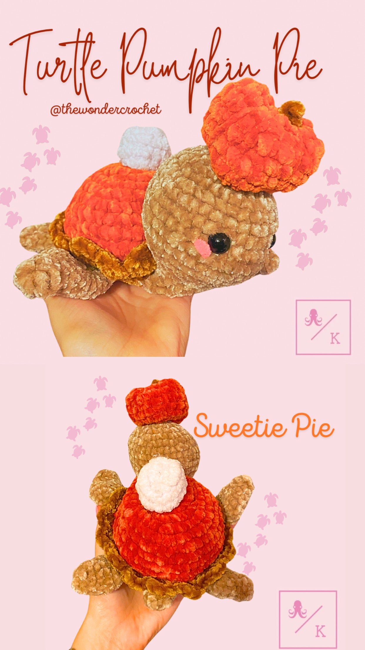 Crocheted Turtle Pumpkin Pie with Pumpkin on Head